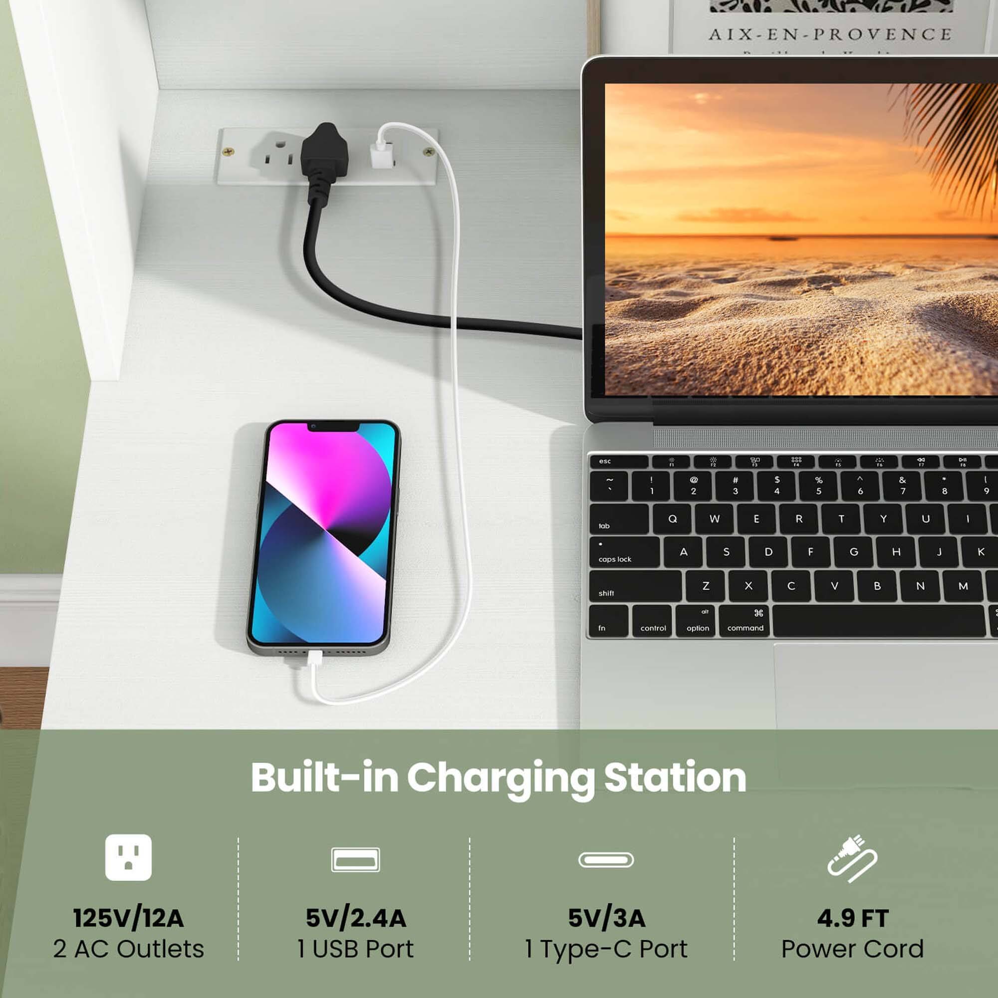 Built-in Charging Station 125V/12A 2 AC Outlets 5v/2.4A 1 USB Port 5V/3A 1 Type-C Port 4.9 FT Power Cord