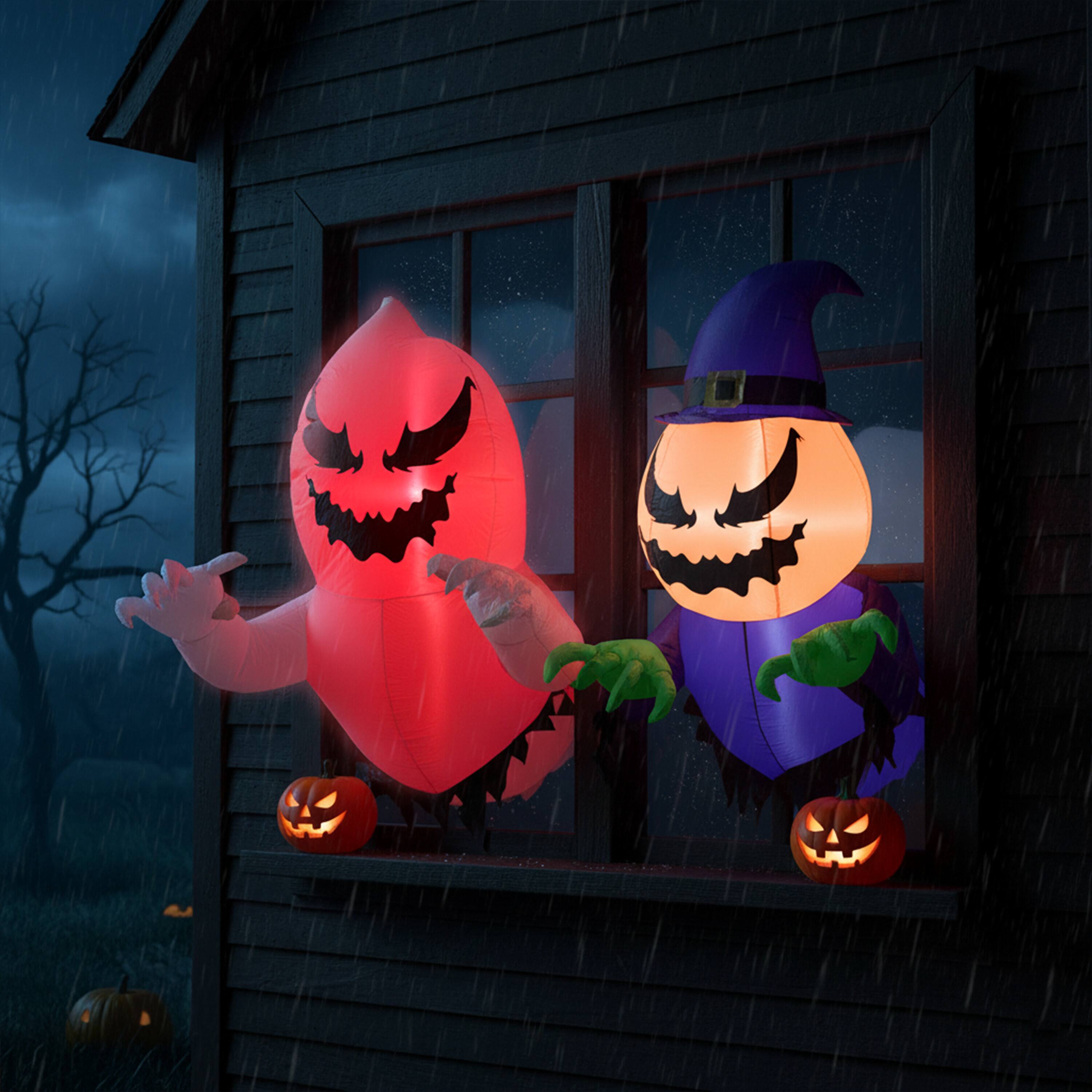 Alt View 8. Sunnydaze - Pumpkin Jack and Ghost Window Inflatable Halloween Decoration - White.