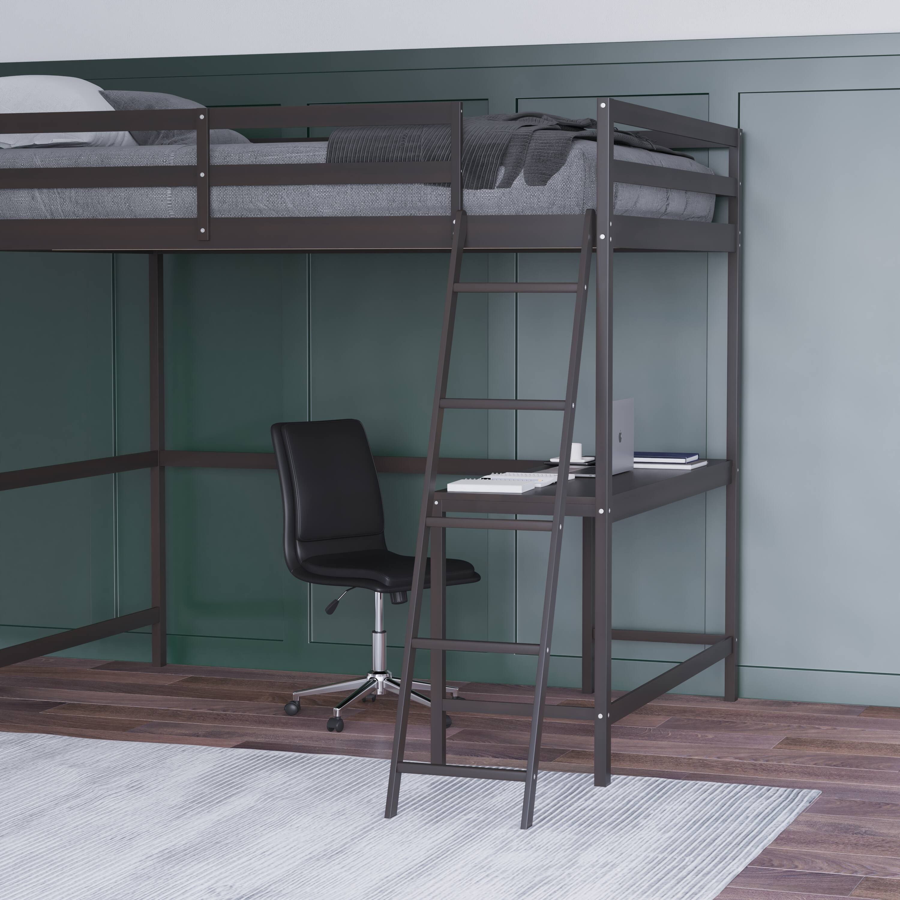 Alt View 4. Emma + Oliver - Wooden Loft Bed Frame with Integrated Desk and Ladder - Espresso.
