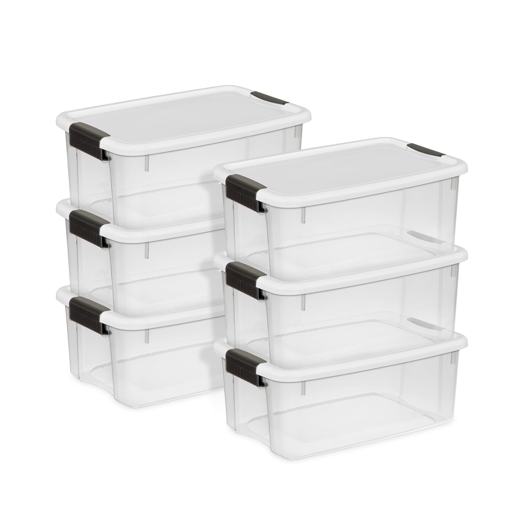 Front. Sterilite - Sterilite 18 Qt Clear Plastic Stackable Storage Bin w/ White Latch Lid, (6 Pack) - Clear.