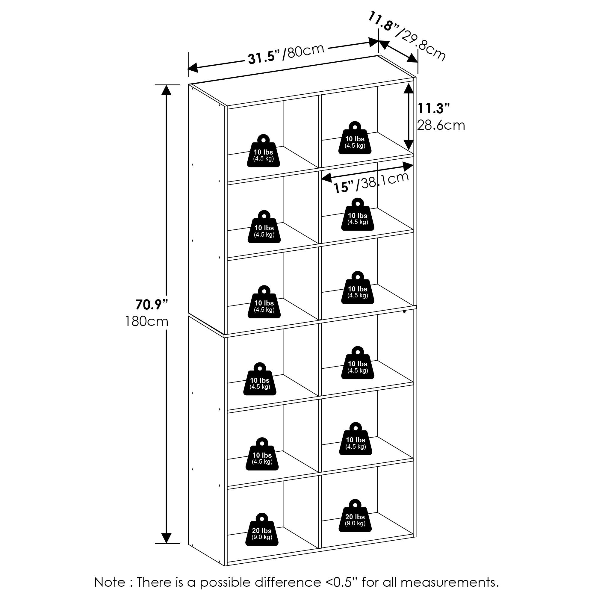 11.8" / 29.8cm  
31.5" / 80cm  
11.3" / 28.6cm  
15" / 38.1cm  
70.9" / 180cm  

10 lbs (4.5 kg)  
20 lbs (9.0 kg)  

Note: There is a possible difference <0.5" for all measurements.
