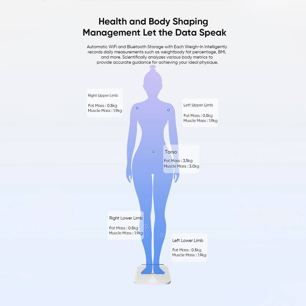 Health and Body Shaping Management  
Let the Data Speak  

Automatic WiFi and Bluetooth Storage with Each Weigh-In  
Intelligently records daily measurements such as weight, body fat percentage, BMI, and more. Scientifically analyzes various body metrics to provide accurate guidance for achieving your ideal physique.  

- Right Upper Limb  
  Fat Mass: 0.5kg  
  Muscle Mass: 1.9kg  

- Left Upper Limb  
  Fat Mass: 0.5kg  
  Muscle Mass: 1.9kg  

- Torso  
  Fat Mass: 3.5kg  
  Muscle Mass: 3.0kg  

- Right Lower Limb  
  Fat Mass: 0.5kg  
  Muscle Mass: 1.9kg  

- Left Lower Limb  
  Fat Mass: 0.5kg  
  Muscle Mass: 1.9kg