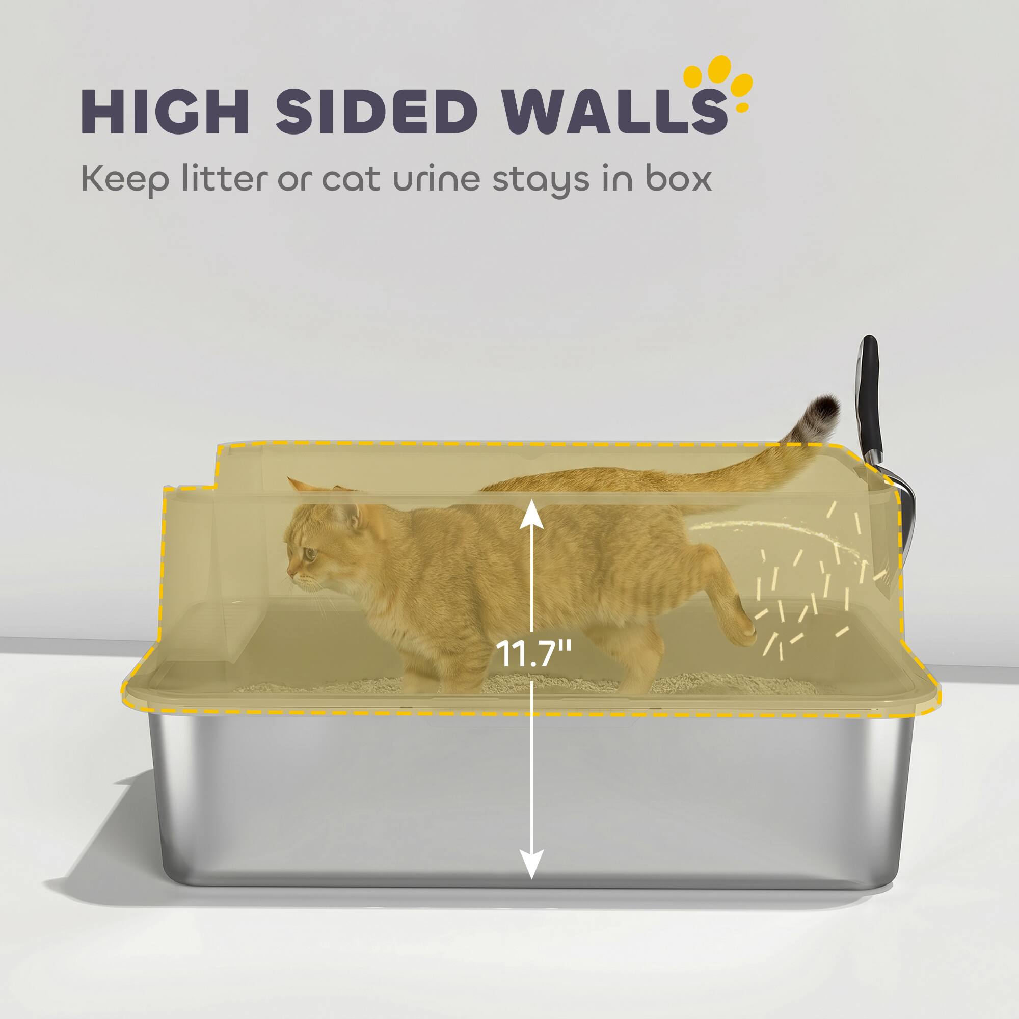 HIGH SIDED WALLS  
Keep litter or cat urine stays in box  
11.7"