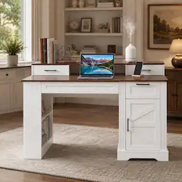 RYHNUYNE - 55.12 in Farmhouse Office Desk, MDF Computer Writing Desk with Storage Cabinet, Charging Station, Keyboard Tray - White