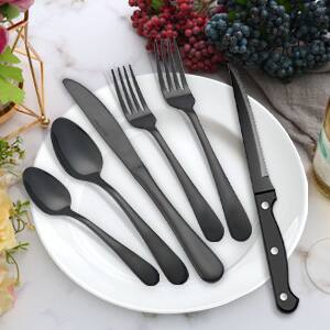 Left. KOOMADE - KOOMADE 24/48PCS Flatware Set Steak Knives Kitchen Utensils and Cutlery of High Quality Construction - Black 48-Piece Set.