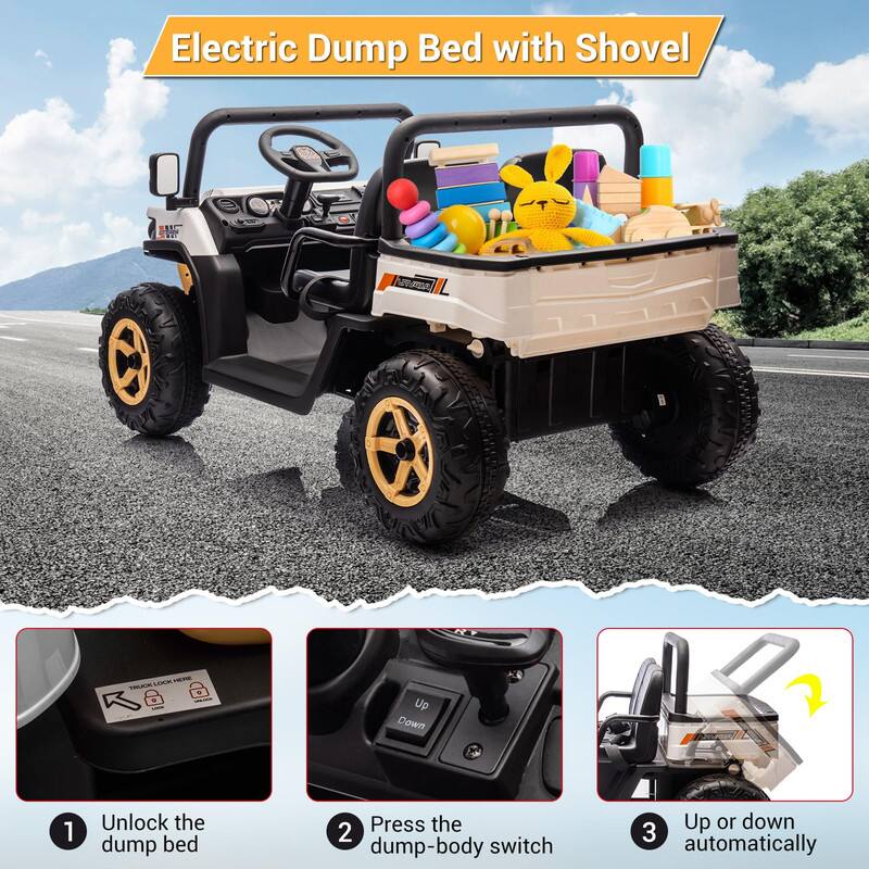 Electric Dump Bed with Shovel

1. Unlock the dump bed
2. Press the dump-body switch
3. Up or down automatically