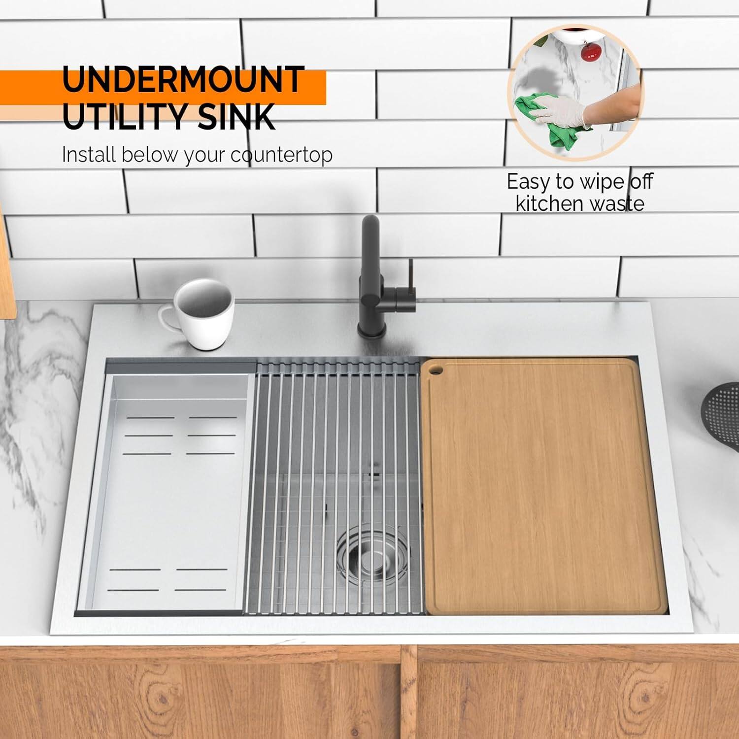 UNDERMOUNT UTILITY SINK  
Install below your countertop  
Easy to wipe off kitchen waste