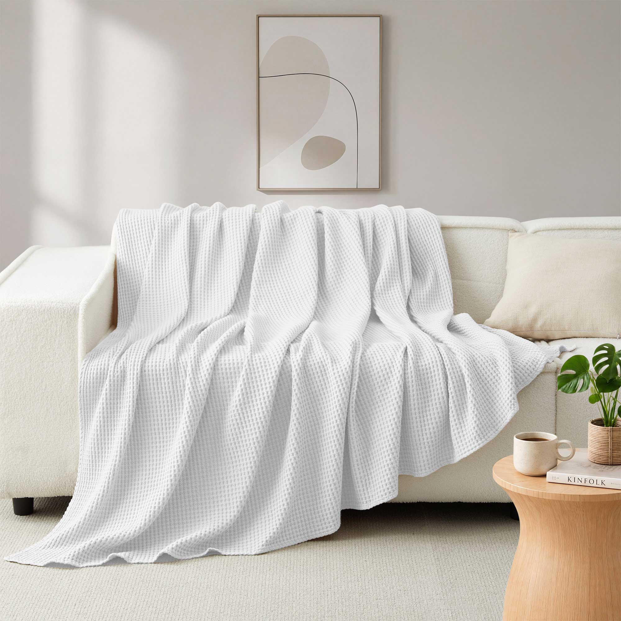 Angle. Peace Nest - Peace Nest 100% Egyptian Cotton Waffle Textured Throw Blanket, White, Twin - White.
