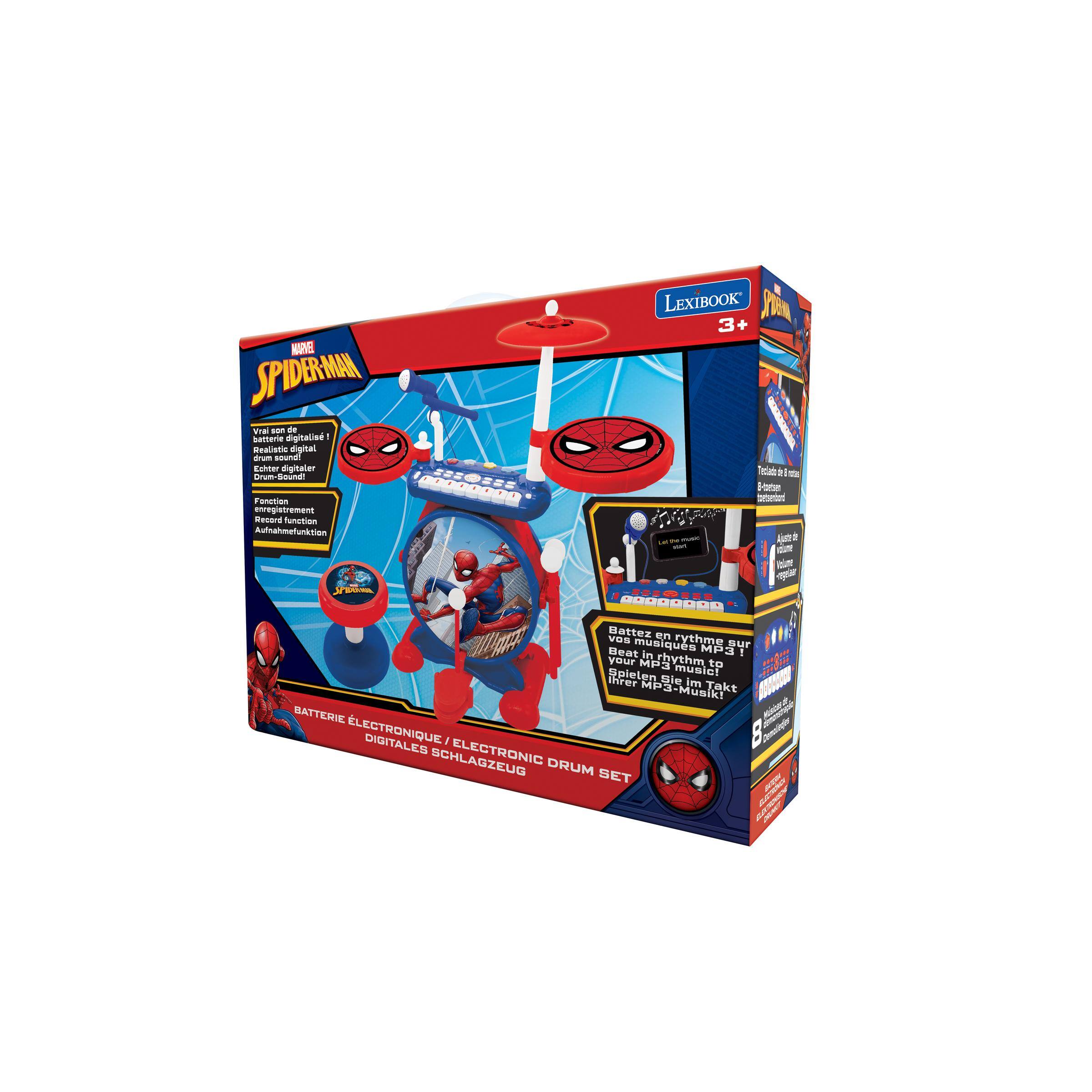 MARVEL SPIDER-MAN Vrai son de batterie digitalisé! Realistic digital drum sound! Echter digitaler Drum-Sound! Fonction enregistrement Record function Aufnahmetunktion

LEXIBOOK 3+ Telein Botton LK IN music start

SCHOOSS

Battez vos UA rythme musiqus MP3 sur Beat in rhythm! your MP3 to Spielen music! Ihrer Sie im MP3-Musik! Takt BATTERIE LECTRONIQUE DIGITALES i ELECTRONIC SCHLAGZEUG DRUM SET