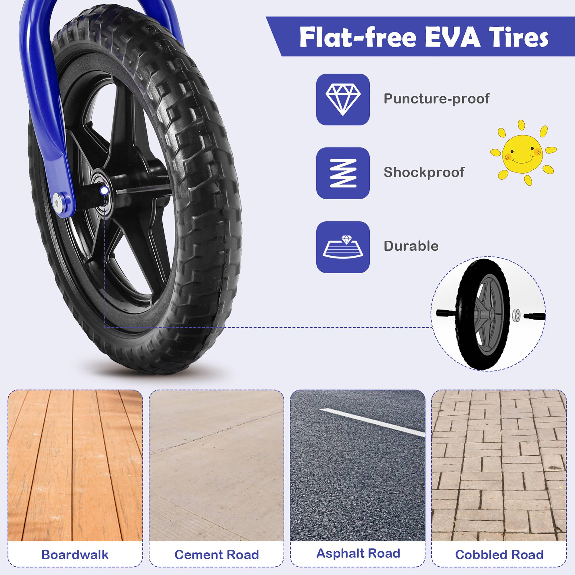 Flat-free EVA Tires

- Puncture-proof
- Shockproof
- Durable

Boardwalk  
Cement Road  
Asphalt Road  
Cobbled Road