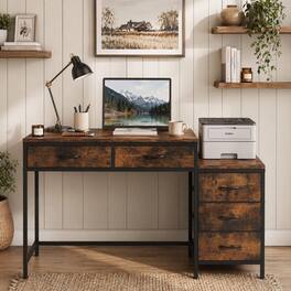 WELLFOR - 51" Industrial Computer Desk with 5 Drawers & Printer Stand, Home Office Desk Study Desk - Rustic Brown