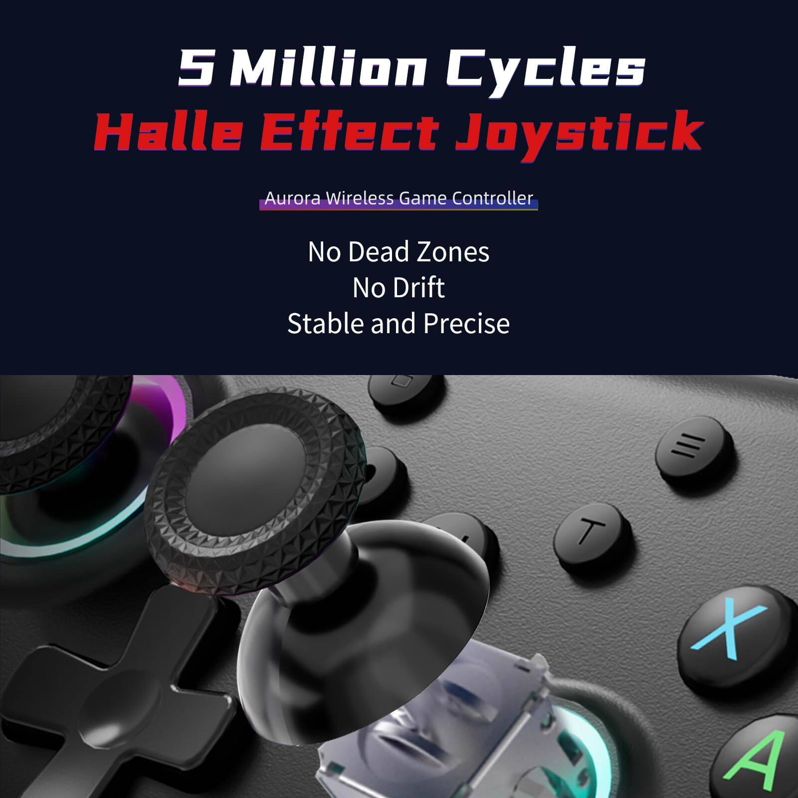 5 Million Cycles  
Halle Effect Joystick  
Aurora Wireless Game Controller  

No Dead Zones  
No Drift  
Stable and Precise