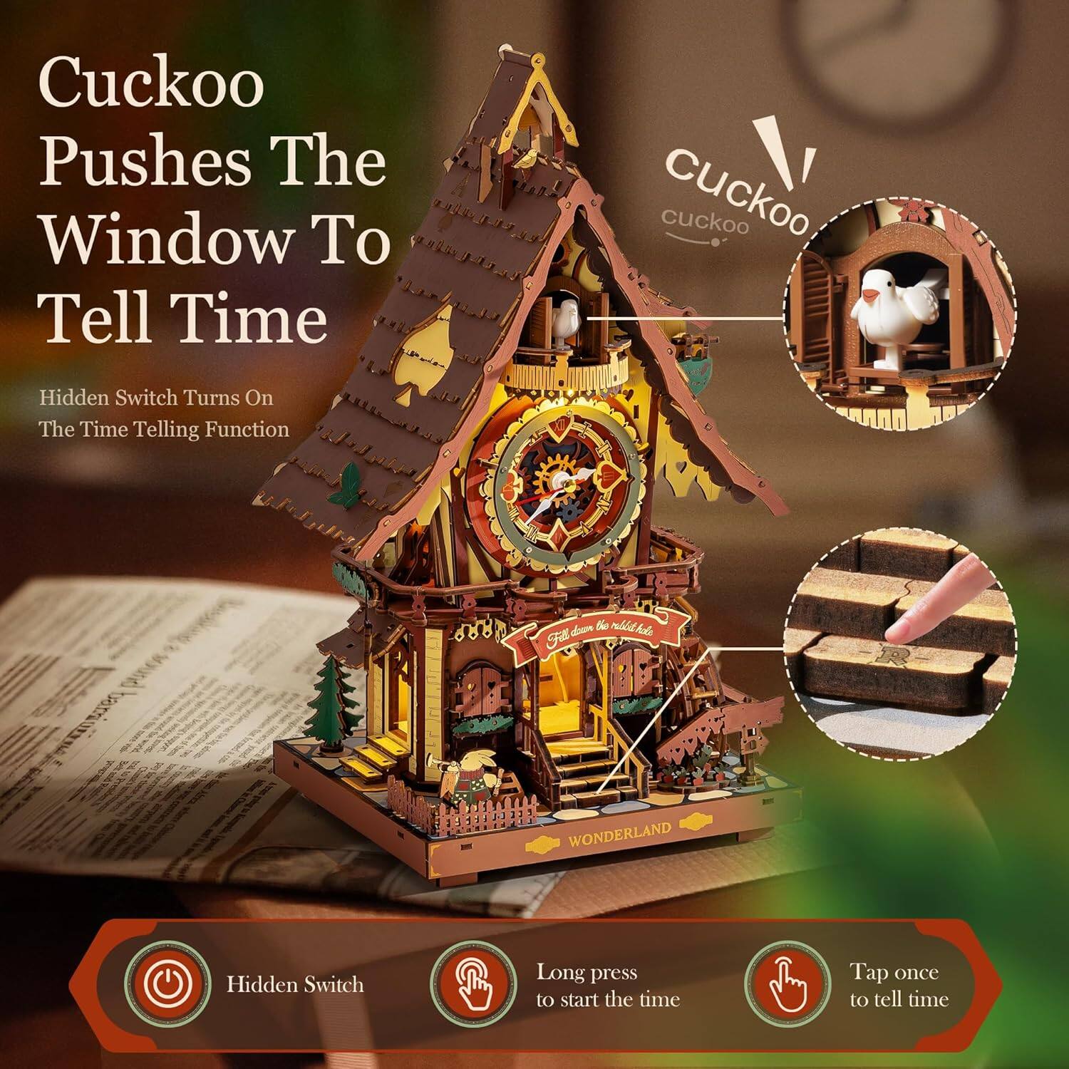 Cuckoo Pushes The Window To Tell Time

Hidden Switch Turns On The Time Telling Function

Hidden Switch
Long press to start the time
Tap once to tell time
