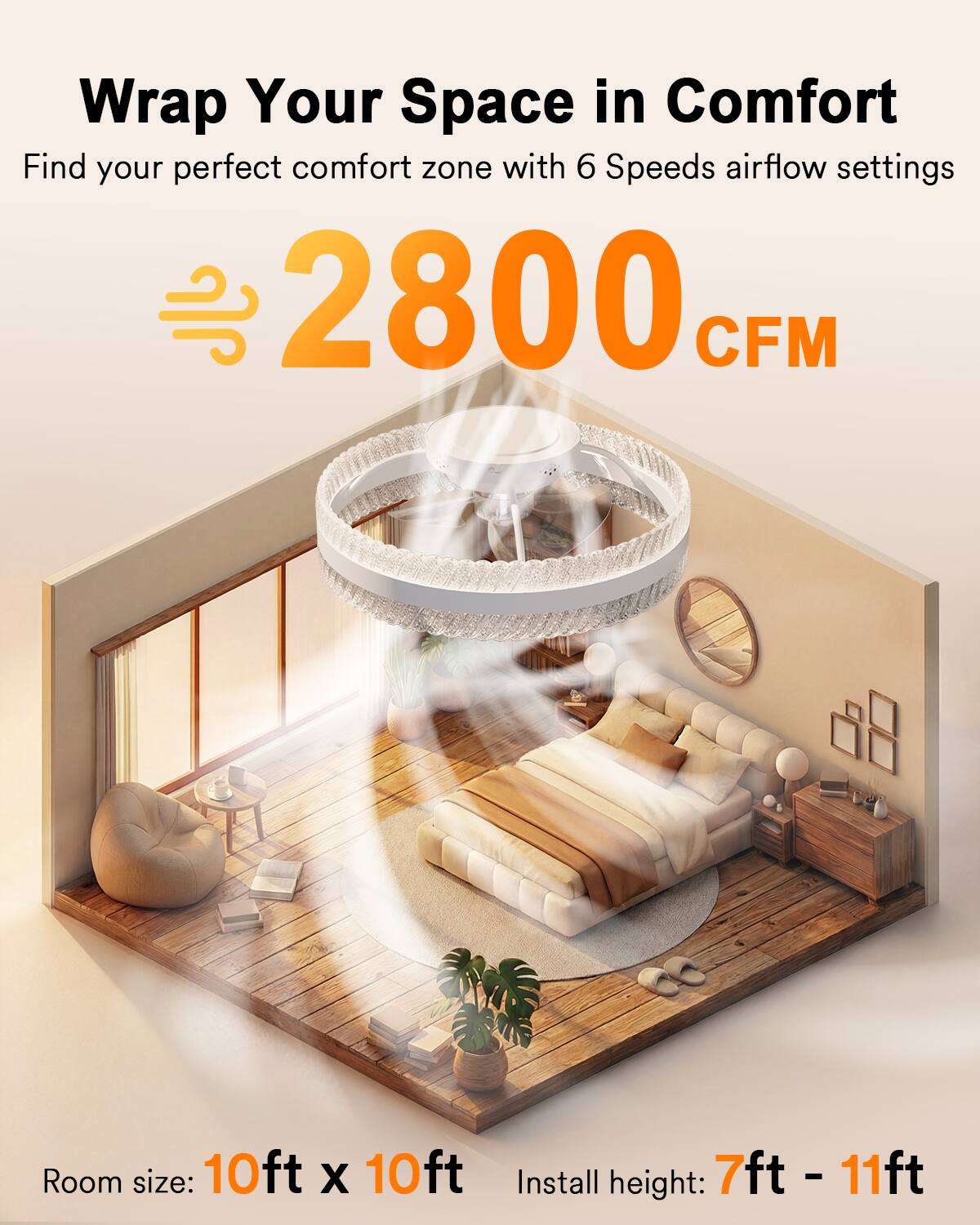 Wrap Your Space in Comfort  
Find your perfect comfort zone with 6 Speeds airflow settings  
2800 CFM  
Room size: 10ft x 10ft  
Install height: 7ft - 11ft
