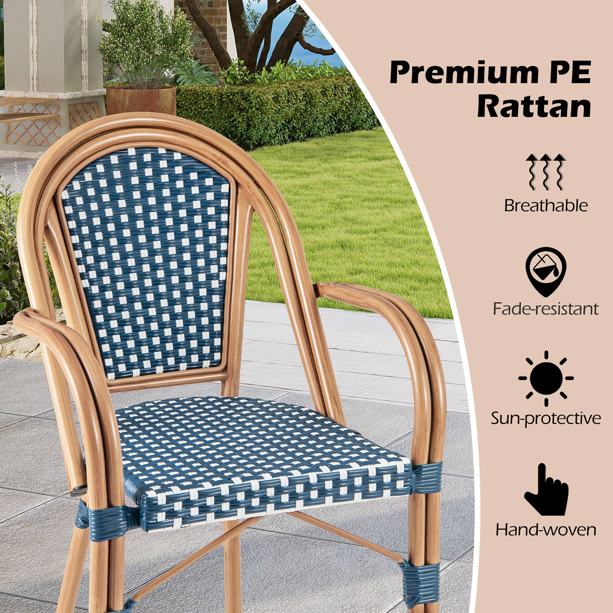 Premium PE Rattan

- Breathable
- Fade-resistant
- Sun-protective
- Hand-woven