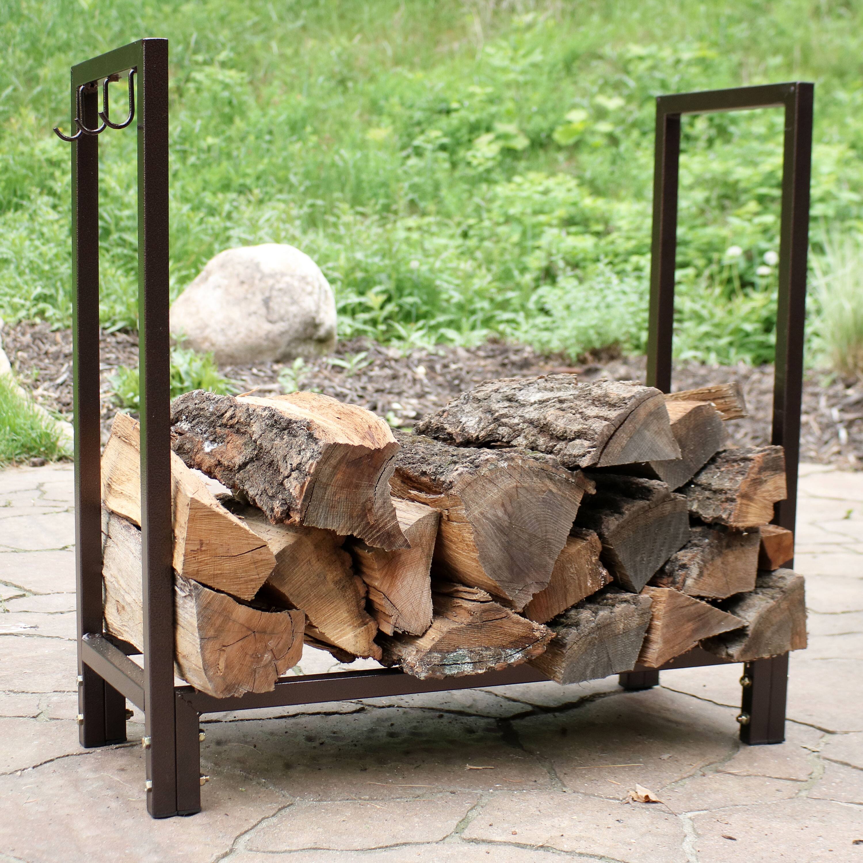 Alt View 1. Sunnydaze - 30 in Steel Firewood Log Rack with Fireplace Tool Hooks - Bronze.