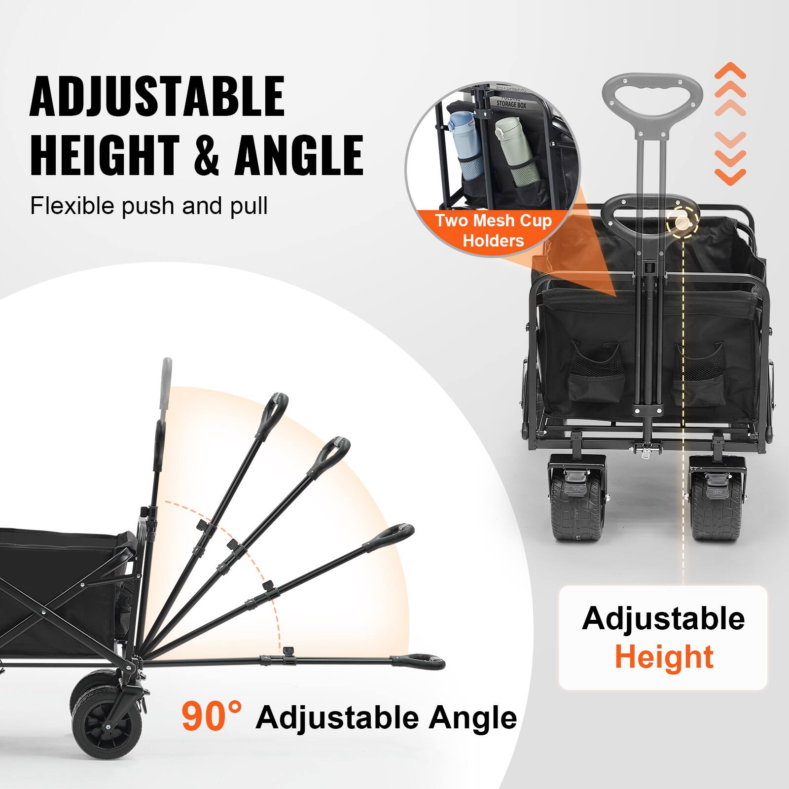 ADJUSTABLE HEIGHT & ANGLE, Flexible push and pull, Two Mesh Cup Holders, Adjustable Height, 90° Adjustable Angle