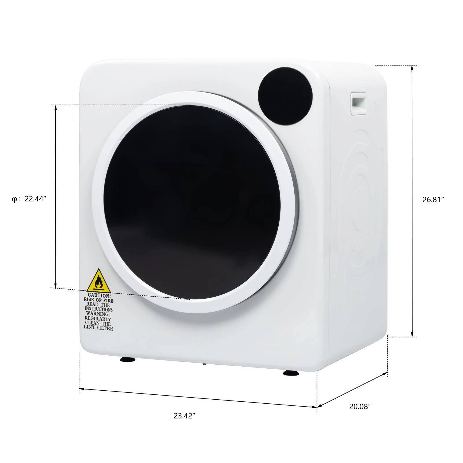 22.44"  
26.81"  
CAUTION RISK OF FIRE READ THE INSTRUCTIONS  
WARNING: REGULARLY CLEAN THE LINT FILTER  
23.42"  
20.08"