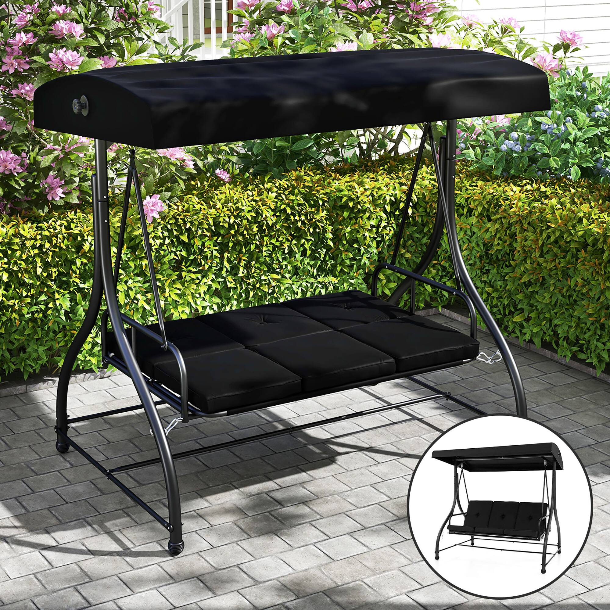 Alt View 5. Gymax - Gymax Converting Patio Swing Chair Porch Swing Bed w/Adjustable Canopy & Thickened Cushion Black - Black.