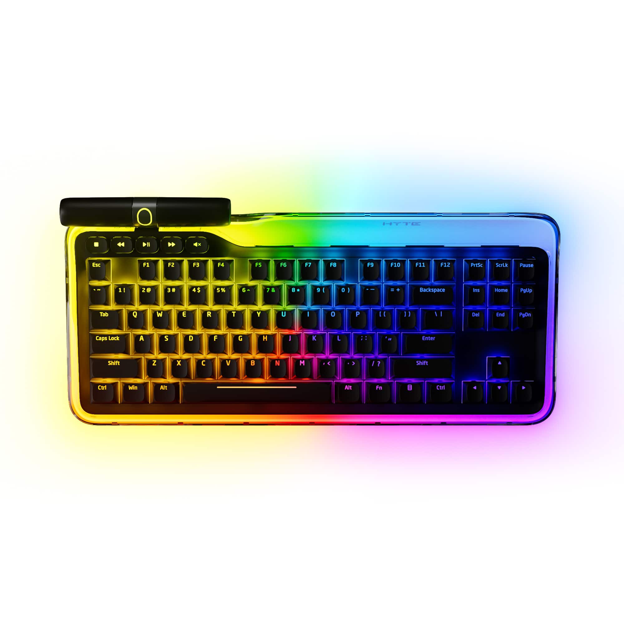 The image features a computer keyboard with a rainbow-colored background. The keyboard is a standard QWERTY layout, with the letters A to Z and numbers 0 to 9 visible. The keyboard also has function keys, including F1 to F12, and a numeric keypad. The vibrant rainbow colors create a visually appealing and unique appearance for the keyboard.