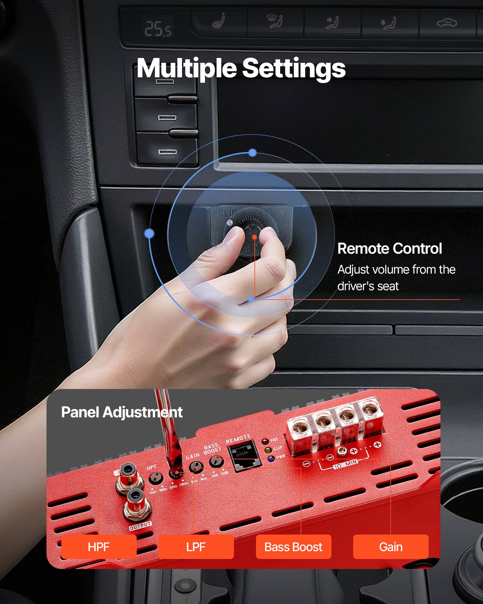 25.5 Multiple Settings

Remote Control
Adjust volume from the driver's seat

Panel Adjustment
REMOTE BASS GAIN BOOST HPF

10 MIN
HPF
OUTPUT
LPF
Bass Boost
Gain