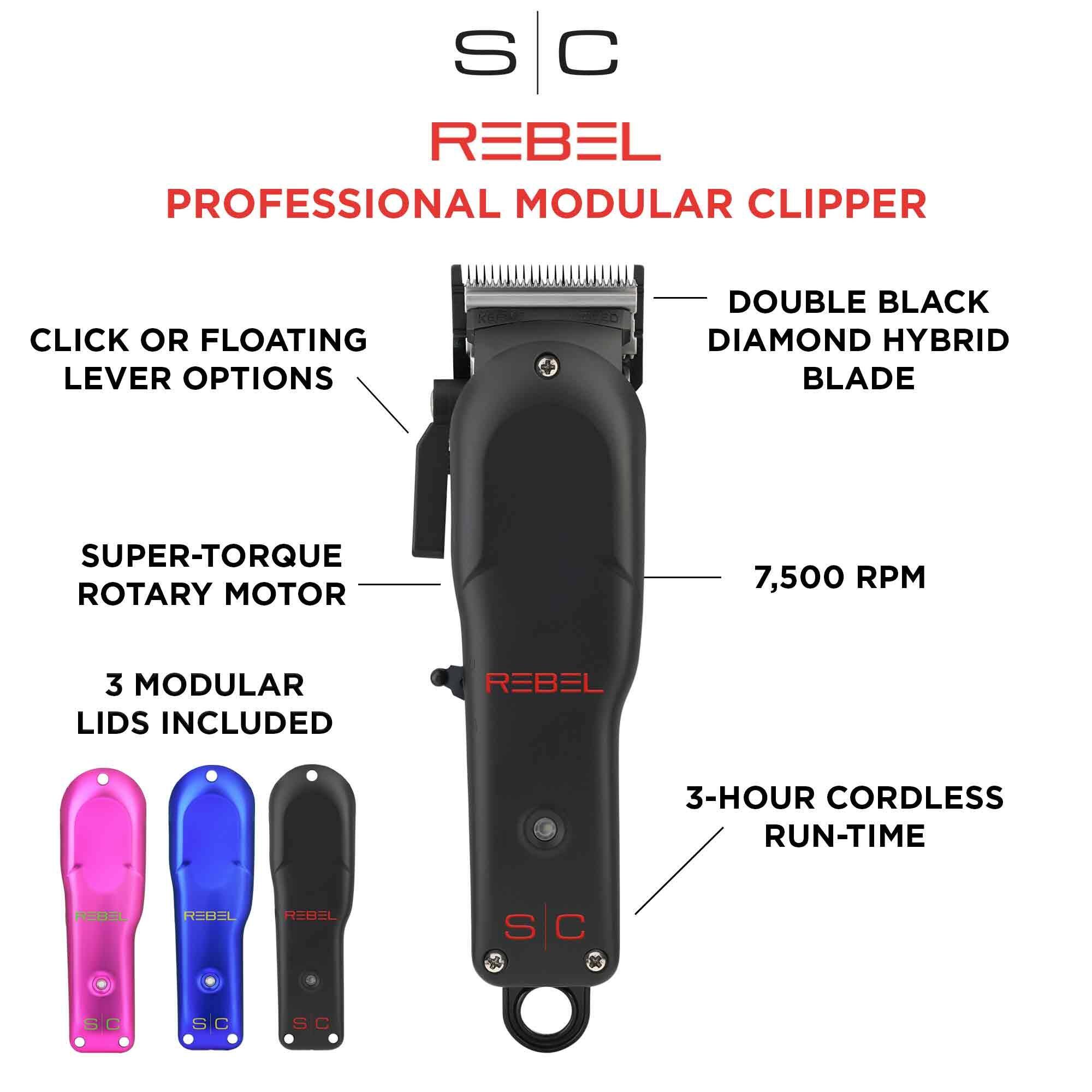 S C REBEL PROFESSIONAL MODULAR CLIPPER CLICK OR FLOATING LEVER OPTIONS DOUBLE BLACK DIAMOND HYBRID BLADE SUPER-TORQUE ROTARY MOTOR 7,500 RPM 3 MODULAR LIDS INCLUDED REBEL 3-HOUR CORDLESS RUN-TIME