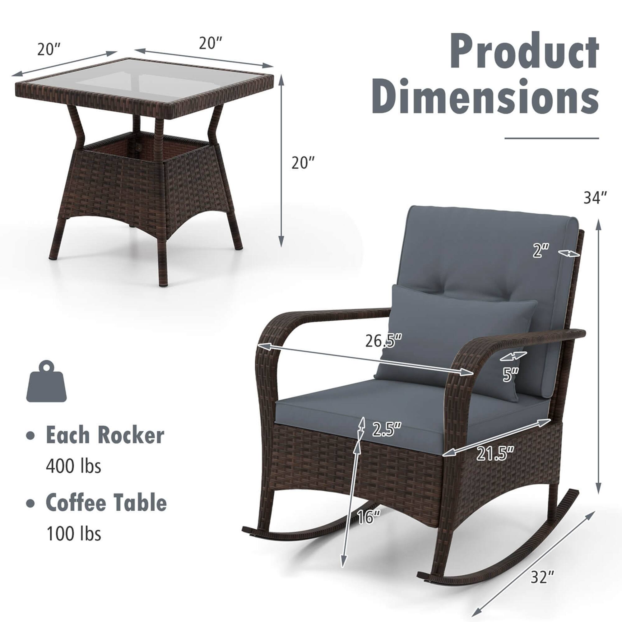 Product Dimensions

- Each Rocker: 400 lbs
- Coffee Table: 100 lbs

- Table: 20" x 20" x 20"
- Rocker: 34" x 26.5" x 21.5" x 16" x 32"
- Armrest: 2.5"
- Cushion: 5"
- Seat Depth: 2"