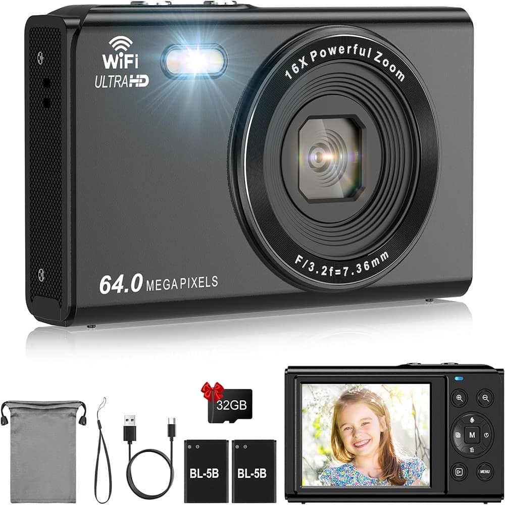 ACJPR - 64MP Digital Camera, 16X Zoom, FHD 1080P, Anti-Shake, 32GB Card, Black