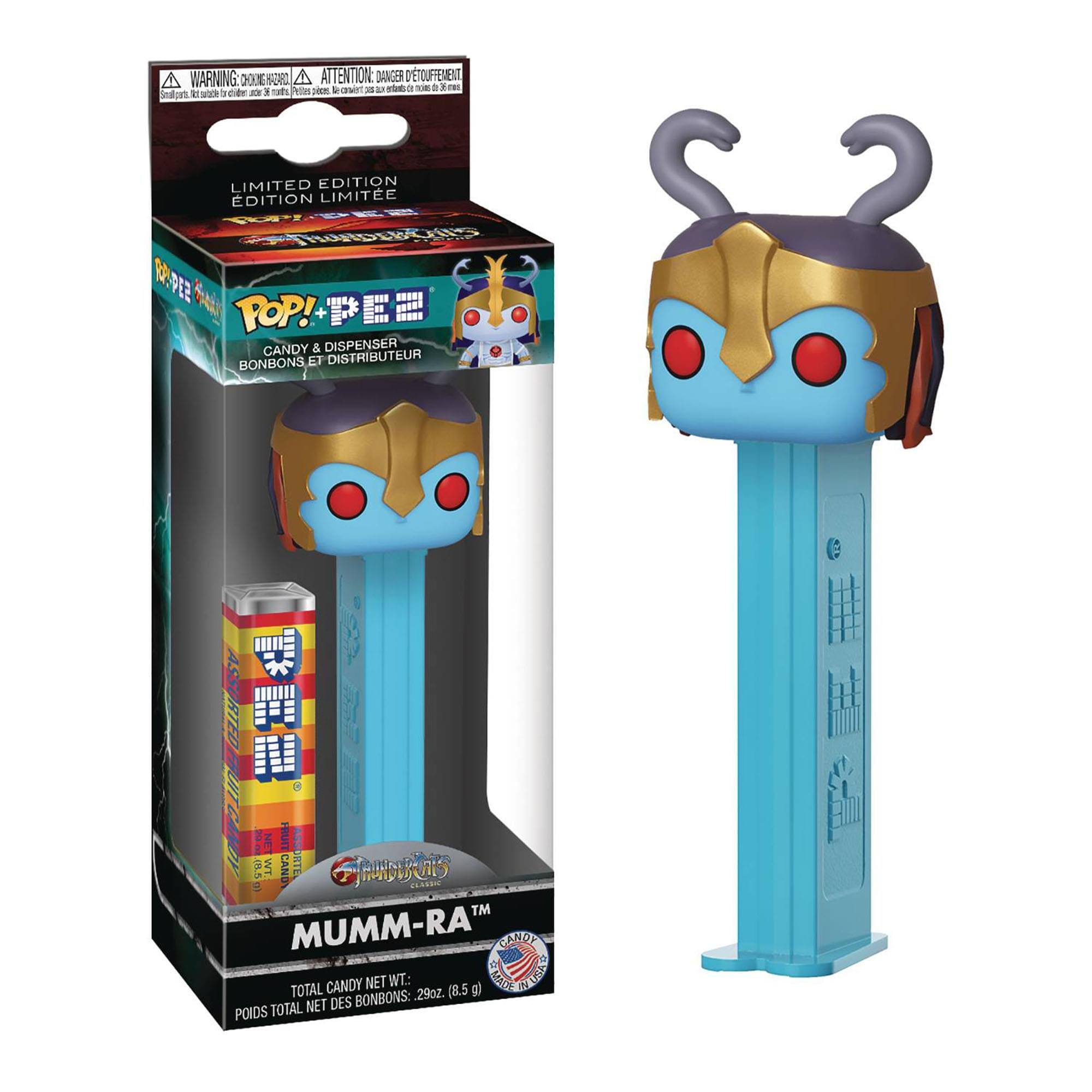 A WARNING CHOKING HAZARD ATTENTION: DANGER D'ÉTOUFFEMENT Small parts. Not for children under 3 years. Peu de pièces. Ne pas laisser jouer aux enfants de moins de 3 ans.  
LIMITED EDITION EDITION LIMITEE  
POP! + PEZ CANDY & DISPENSER BONBONS ET DISTRIBUTEUR  
ASSORTED  
NET WT CANDY I ORTE CS e A5ON TM MUMM-RA  
TOTAL CANDY NET WT: 29oz. (8.5 g)  
POIDS TOTAL DES BONBONS: 29oz. (8.5 g)