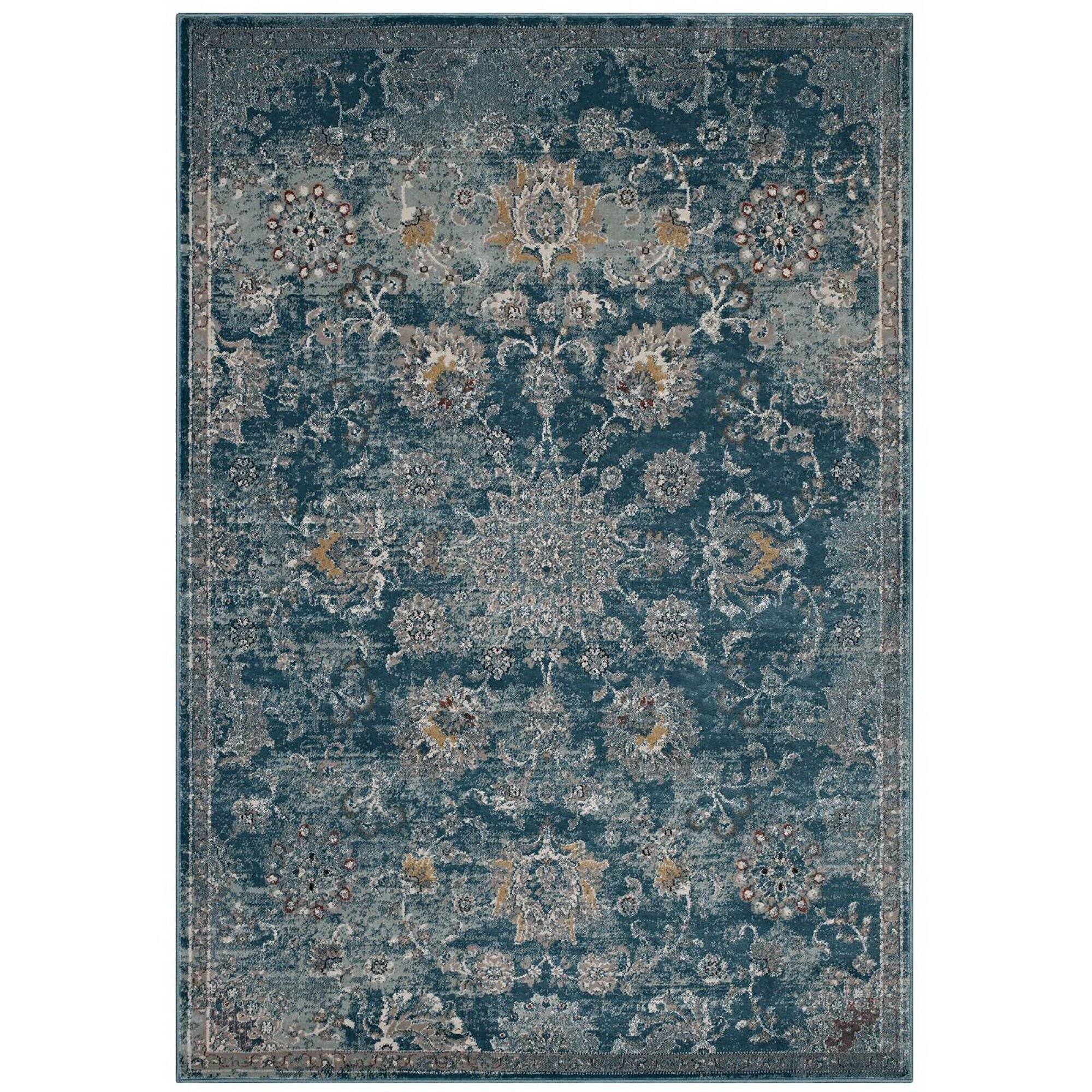 Angle. Modway - Cynara Distressed Floral Vintage Medallion Area Rug - Silver Blue Teal and Beige.