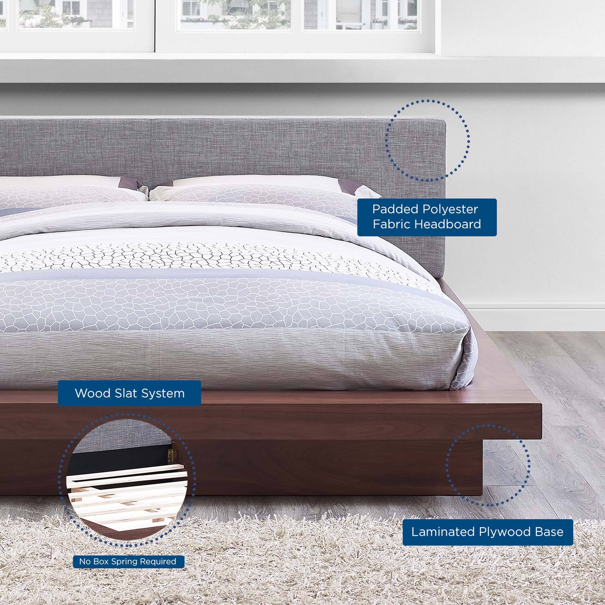 - Padded Polyester Fabric Headboard
- Wood Slat System
- Laminated Plywood Base
- No Box Spring Required