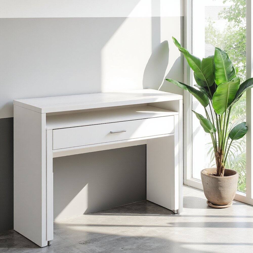 Alt View 1. FurniFact - White Office Desk with Sliding Drawer, Riser, and Spacious Honeycomb Design - White.