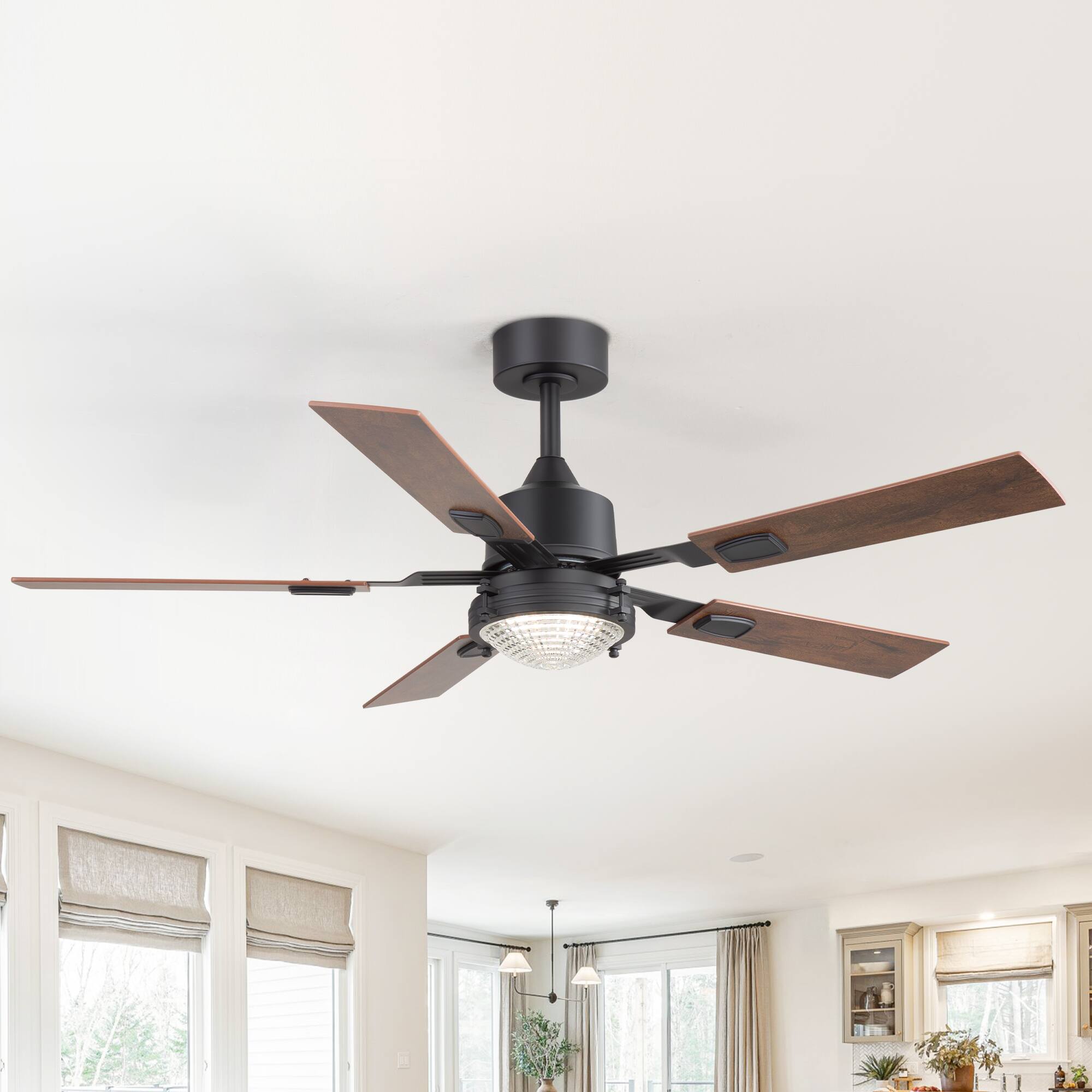 Back. Breezary - 52-in Indoor Large LED Ceiling Fan with 6-Speed Reversible Motor, 3-Color Light, 6'' Downrod, with Remote - Matte Black.