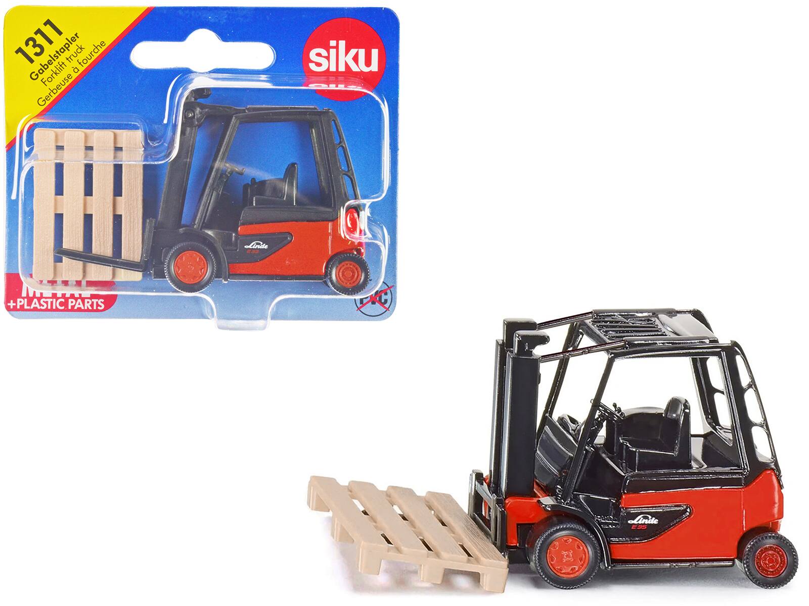 Linde E35 Forklift Truck Top with Pallet Accessory Diecast Model by Siku - Red with Black