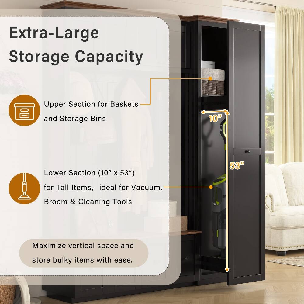 Extra-Large Storage Capacity

Upper Section for Baskets and Storage Bins

Lower Section (10" x 53") for Tall Items, ideal for Vacuum, Broom & Cleaning Tools.

Maximize vertical space and store bulky items with ease.