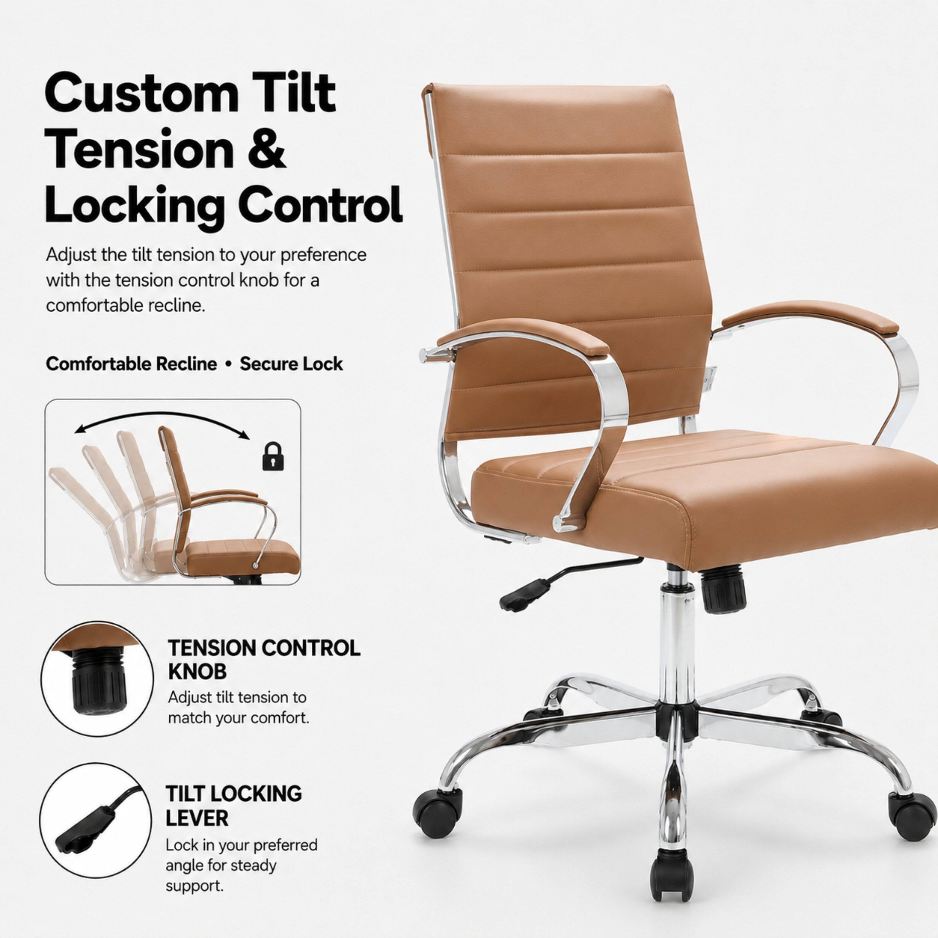 Custom Tilt Tension & Locking Control  
Adjust the tilt tension to your preference with the tension control knob for a comfortable recline.  
Comfortable Recline • Secure Lock  

TENSION CONTROL KNOB  
Adjust tilt tension to match your comfort.  

TILT LOCKING LEVER  
Lock in your preferred angle for steady support.