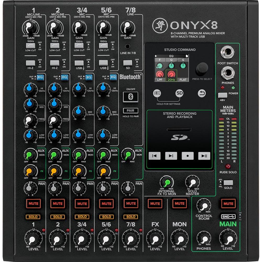 1 MIC/LINE ONYX MIC PRE  
2 MIC/LINE ONYX MIC PRE  
3/4 MIC ONYX MIC PRE  
5/6 MIC ONYX MIC PRE  
7/8 LINE  

ONYX8  
8-CHANNEL PREMIUM ANALOG MIXER WITH MULTI-TRACK USB  

STUDIO COMMAND  
EQ  
LPF 20Hz  
FLAT  
PRESS TO SELECT  

STEREO RECORDING AND PLAYBACK  

MAIN METERS  
48V  
AUX MON  
FX  
MON  
CONTROL ROOM  
PHONES  
LEVEL  

MUTE  
SOLO  
PAN  
LEVEL  

AUX  
FX  
MON  
INTERNAL FX TO MON  
RUBE SOLO  
MAK OFF  
MAX OFF  
AUX MON MAX  
AUX MON MAX  
AUX MON MAX  
AUX MON MAX  
AUX MON MAX  
AUX MON MAX  
AUX MON MAX  
AUX MON MAX  
AUX MON MAX  
AUX MON MAX  
AUX MON MAX  
AUX MON MAX  
AUX MON MAX  
AUX MON MAX  
AUX MON MAX  
AUX MON MAX  
AUX MON MAX  
AUX MON MAX  
AUX MON MAX  
AUX MON MAX  
AUX MON MAX