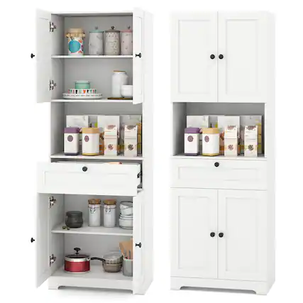 Front. Gymax - Gymax 67.5'' Kitchen Pantry Cabinet w/4 Doors 1 Drawer Open Countertop Adjustable Shelf White - White.