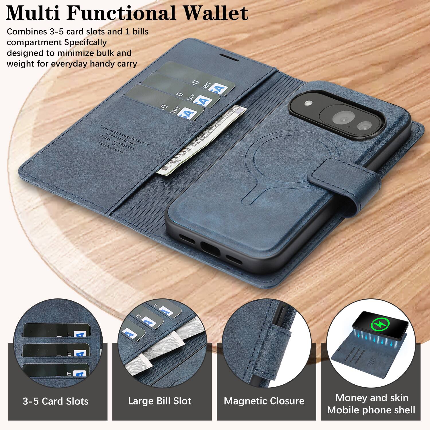 Multi Functional Wallet  
Combines 3-5 card slots and 1 bills compartment  
Specifically designed to minimize bulk and weight for everyday handy carry  

3-5 Card Slots  
Large Bill Slot  
Magnetic Closure  
Money and skin Mobile phone shell