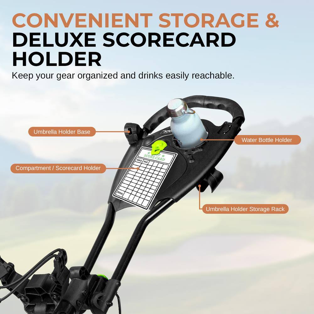 CONVENIENT STORAGE & DELUXE SCORECARD HOLDER  
Keep your gear organized and drinks easily reachable.  

- Umbrella Holder Base  
- Water Bottle Holder  
- Compartment / Scorecard Holder  
- Umbrella Holder Storage Rack  

SCORECARD  
CARD DAB