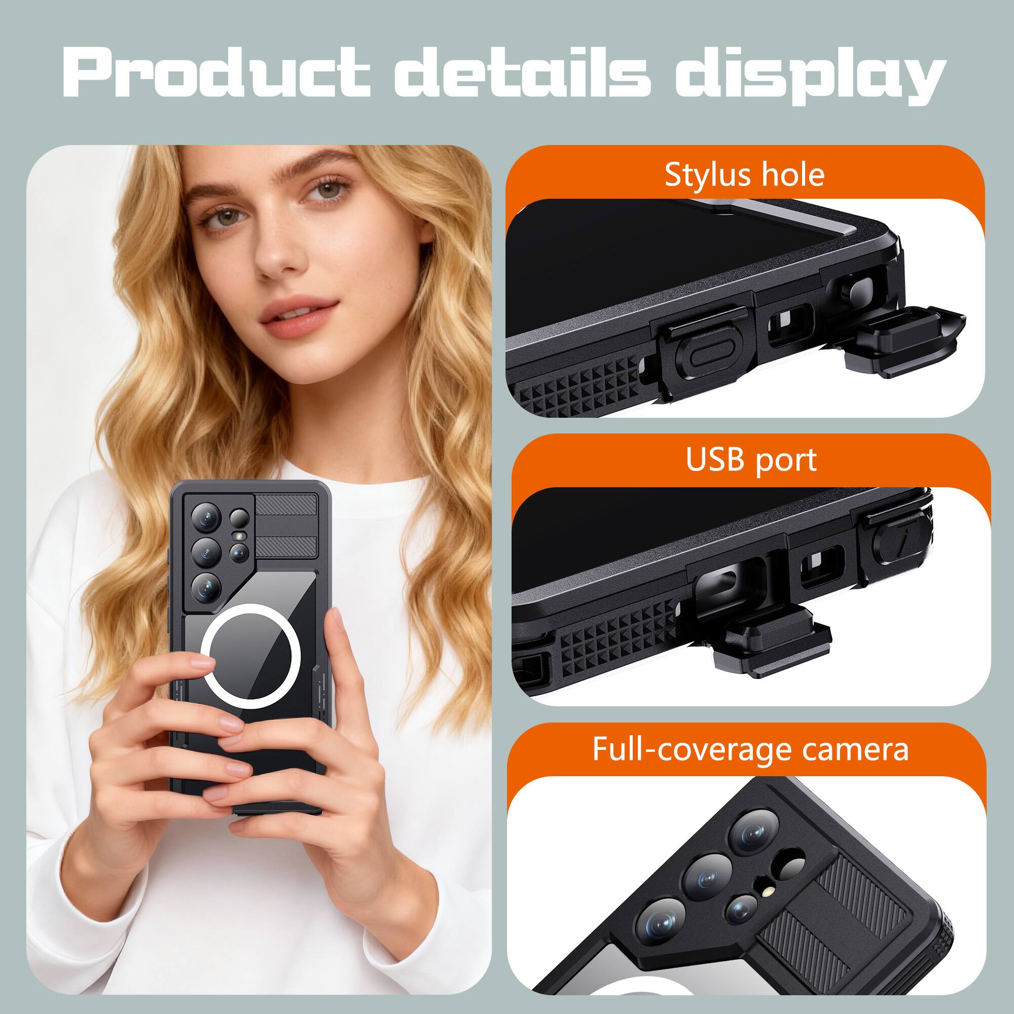 Product details display  
Stylus hole  
USB port  
Full-coverage camera