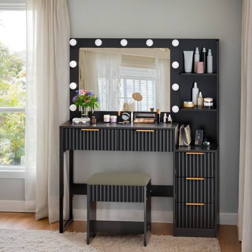 Alt View 5. Winado - Fluted Vanity Desk with Lights & Power Outlet Drawer Makeup Dressing Table with 3 Color Mirror & Side Storage Shelves - Black.