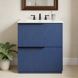 Loheer - 2.5 ft Bathroom Vanity with Ceramic Sink, Full-Extension Soft-Close Drawers, Fluted Design - Blue