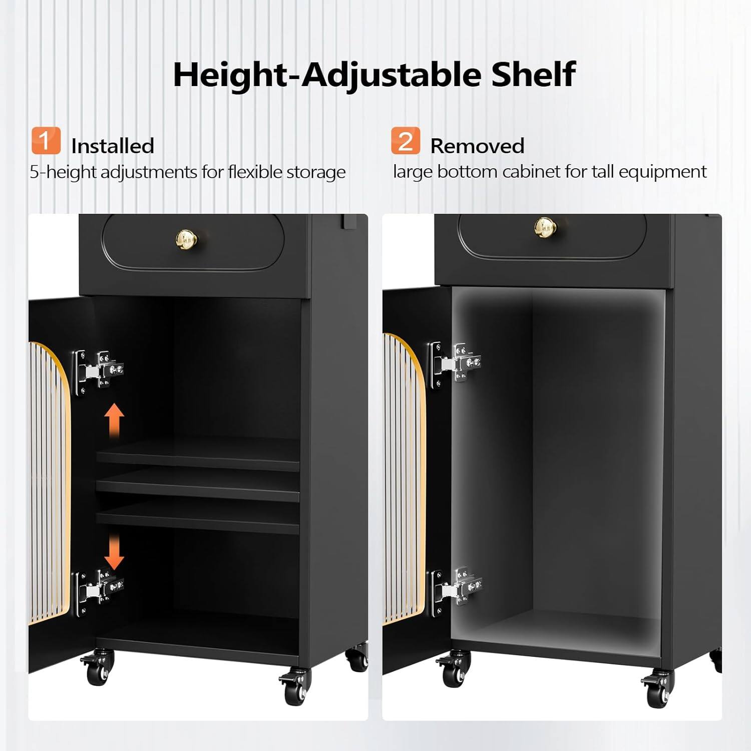 Height-Adjustable Shelf

1. Installed
   - 5-height adjustments for flexible storage

2. Removed
   - large bottom cabinet for tall equipment