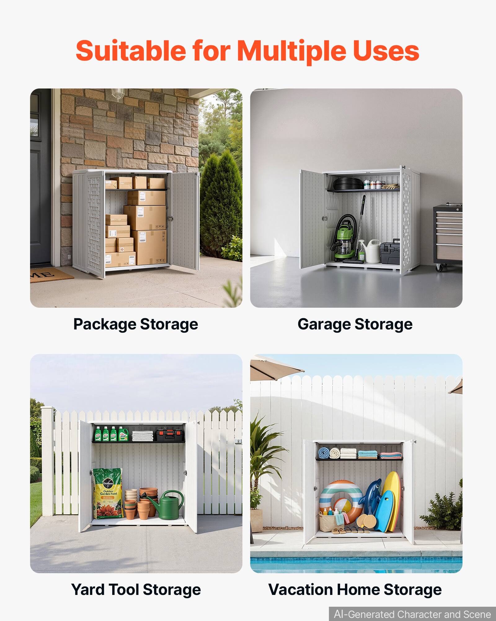 Suitable for Multiple Uses

Package Storage

Garage Storage

Yard Tool Storage

Vacation Home Storage

AI-Generated Character and Scene