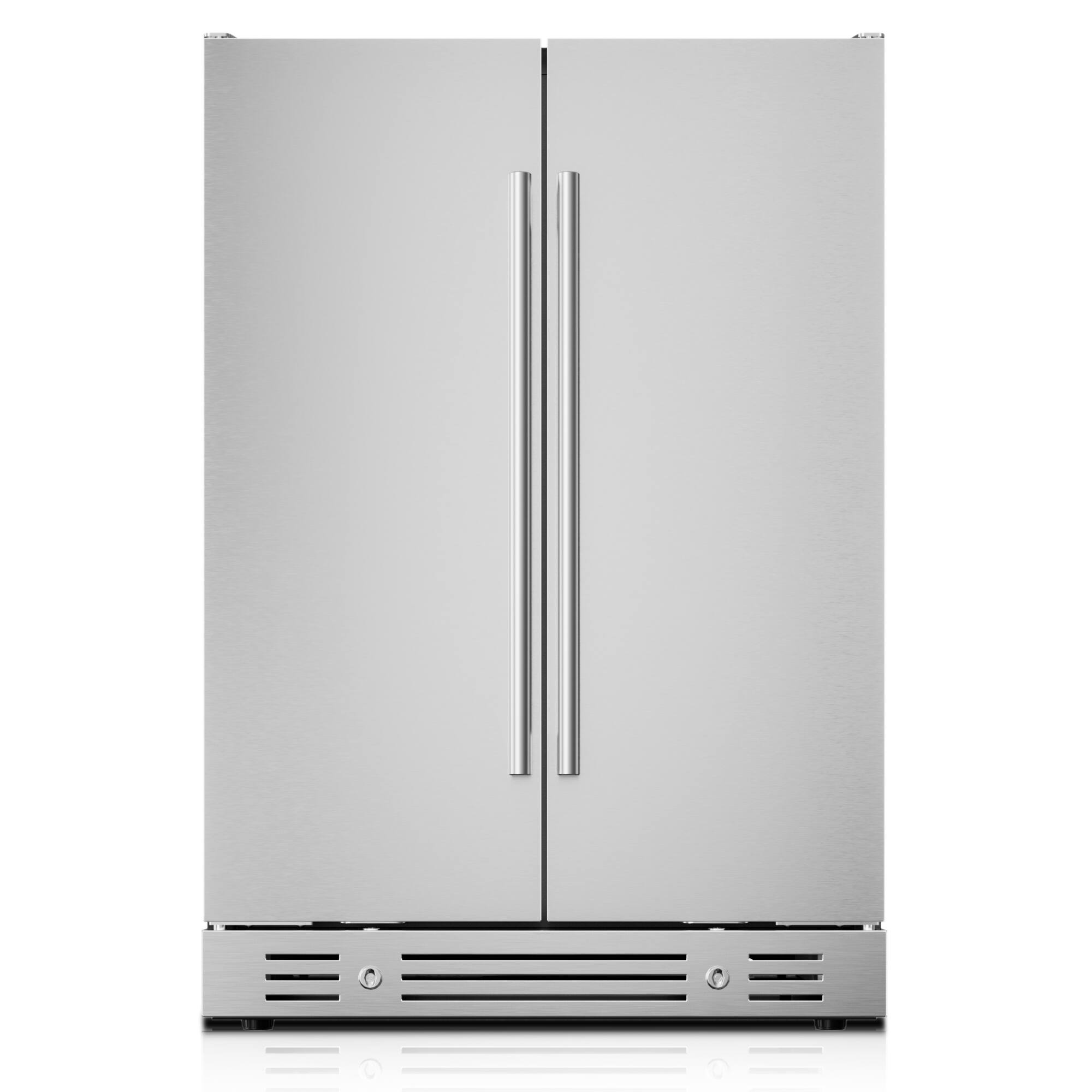 Angle. Yeego - 24 Inch Outdoor Refrigerator - Dual Zone Wine and Beverage Fridge 60 Can & 20 Bottle, 36-65°F  Built-in - Stainless Steel.