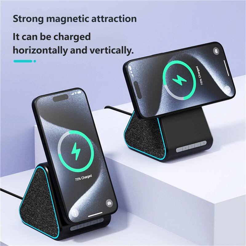 Angle. RISOKEYS - 15W Wireless Fast Charger - Magsafe Wireless Charger, Bluetooth Speaker, Phone Stand, Charging Ambient Light - Black.