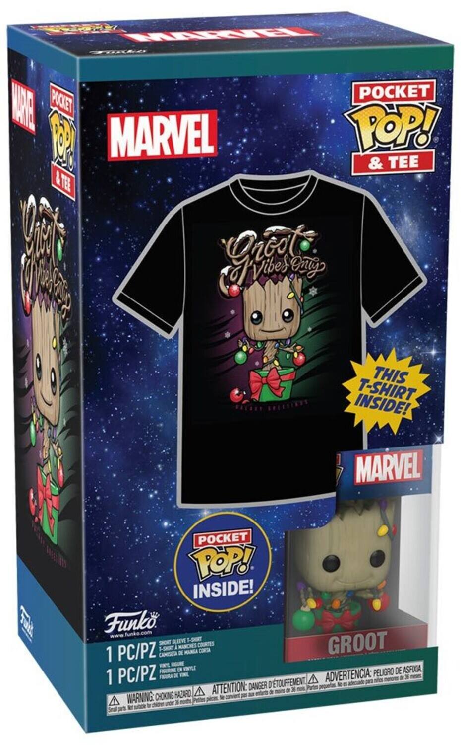 MARVEL POCKET POP! & TEE, THIS T-SHIRT INSIDE!, MARVEL POCKET POP! INSIDE!, Funko, www.funko.com, 1-SHRT, 1 PC/PZ, CAMISETA F-SHIRT, A MANCHES DE MANGA COURTES CORSA, GROOT, VINYL PC/PZ, FURINE D PELIGRO DE ASFIA, 1 FIGURA DE VINIE D'TOUFFEMENT, ADVERTENCIA: para nifes merores de 36 neus, DANGER N e HAZARD, A ATTENTION: de moins de 36 Pates, WARNING: CHOKING Pettes N 3