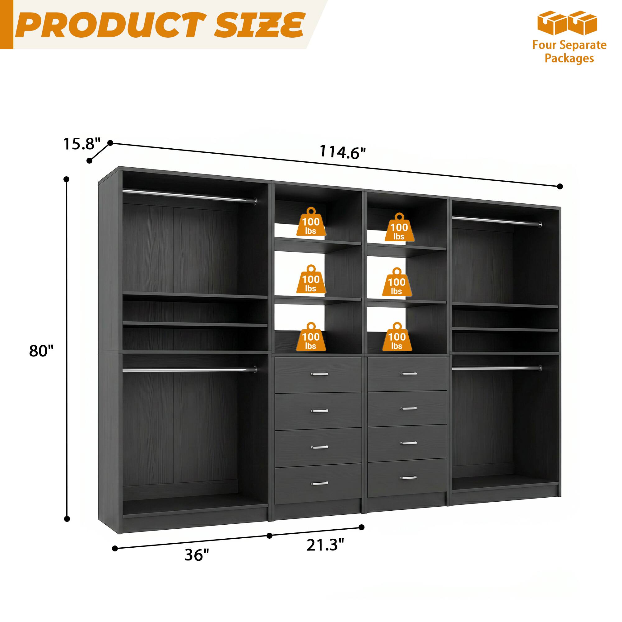PRODUCT SIZE

Four Separate Packages

15.8" 114.6" 100 lbs 100 lbs 100 lbs 100 lbs 80" 100 lbs 100 lbs 36" 21.3"
