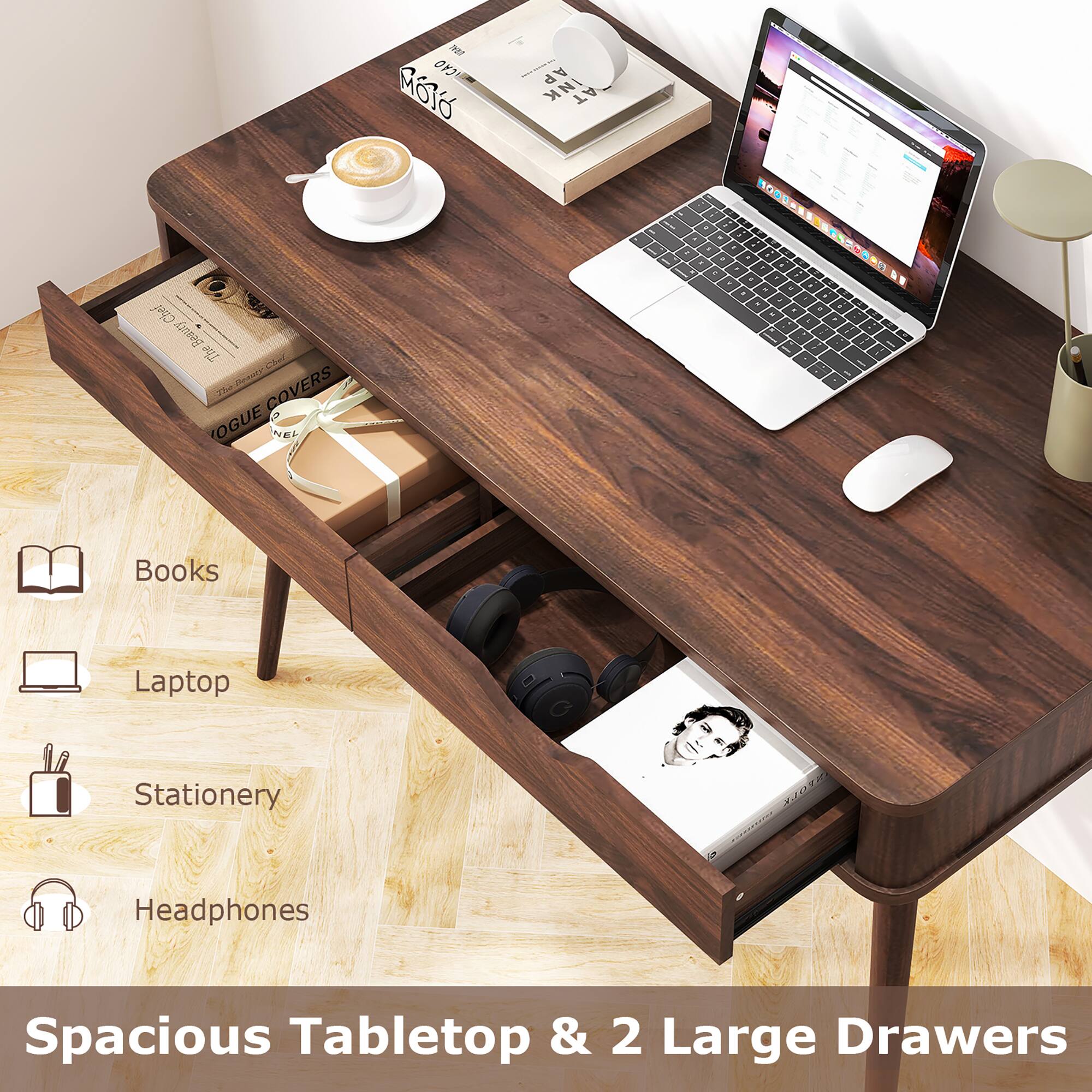 Books, Laptop, Stationery, Headphones, Spacious Tabletop & 2 Large Drawers